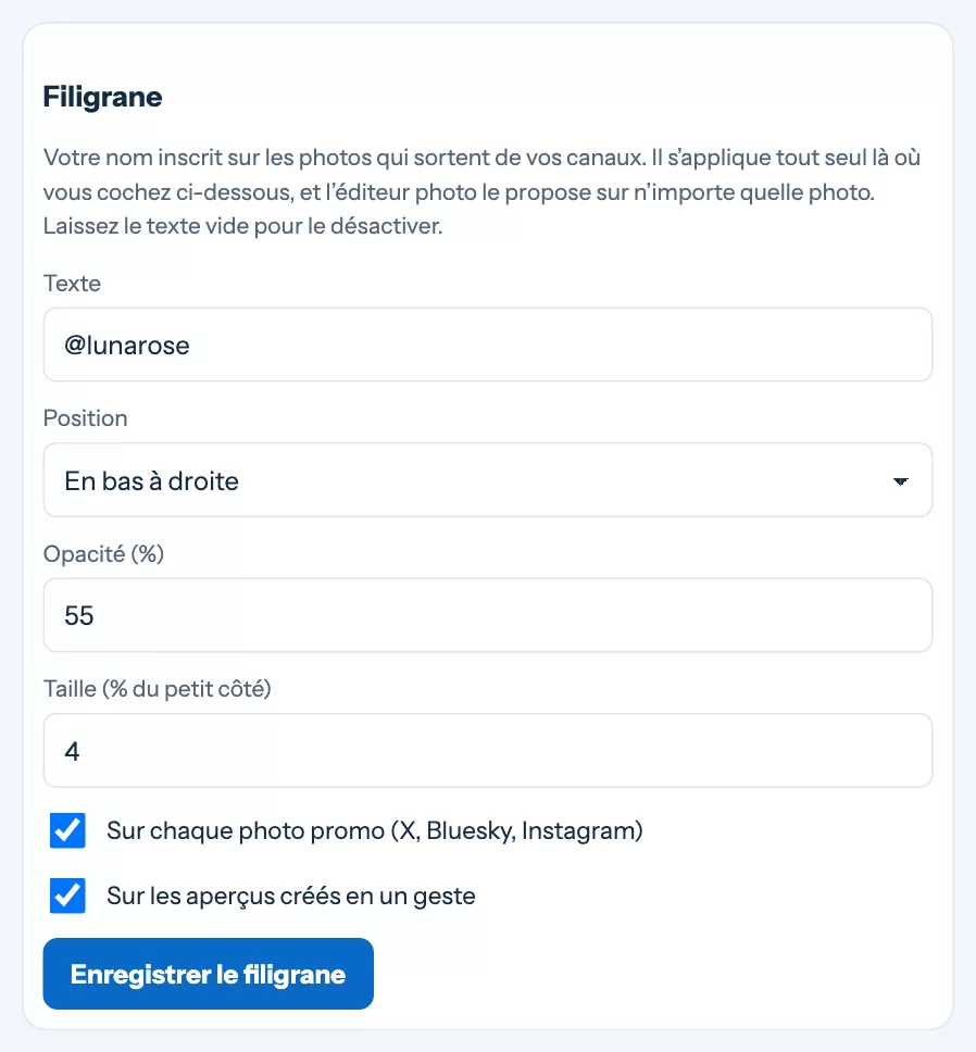 Les réglages du filigrane : texte, position, opacité et taille