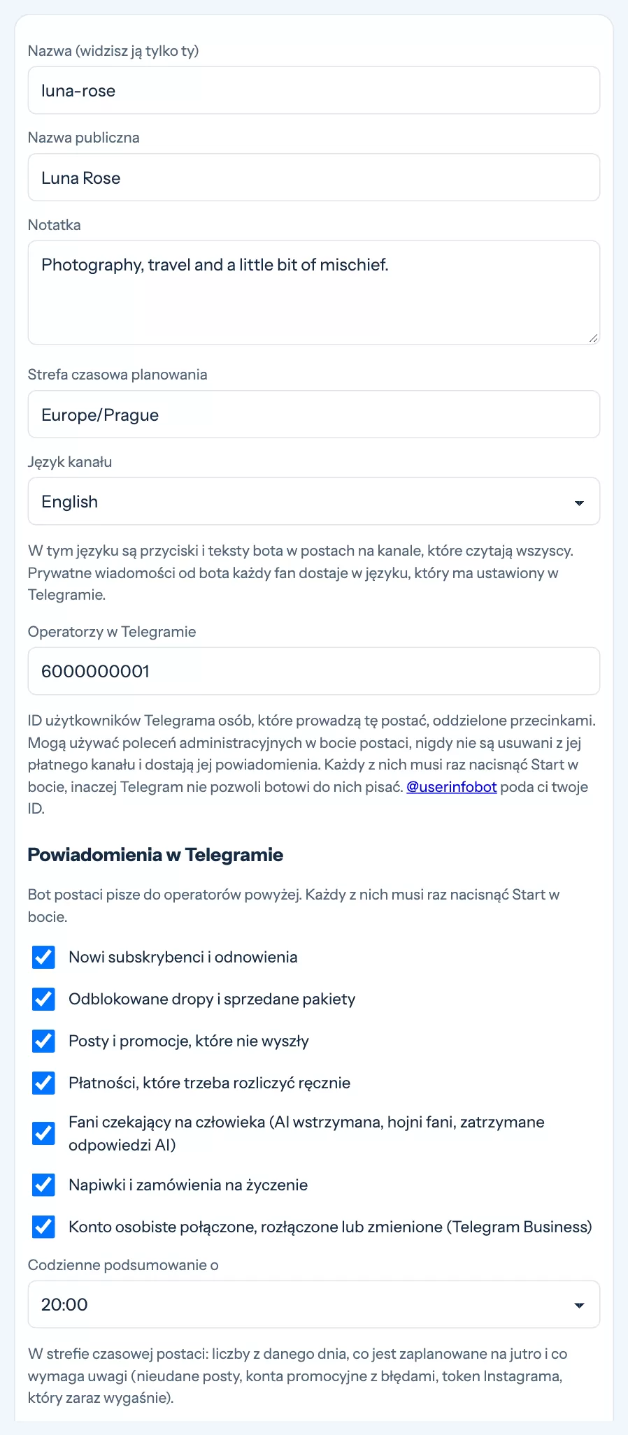 Ustawienia postaci z operatorami, powiadomieniami i codziennym podsumowaniem