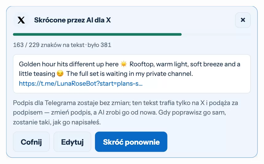 Karta z tekstem skróconym przez AI dla X, z jego długością i przyciskami