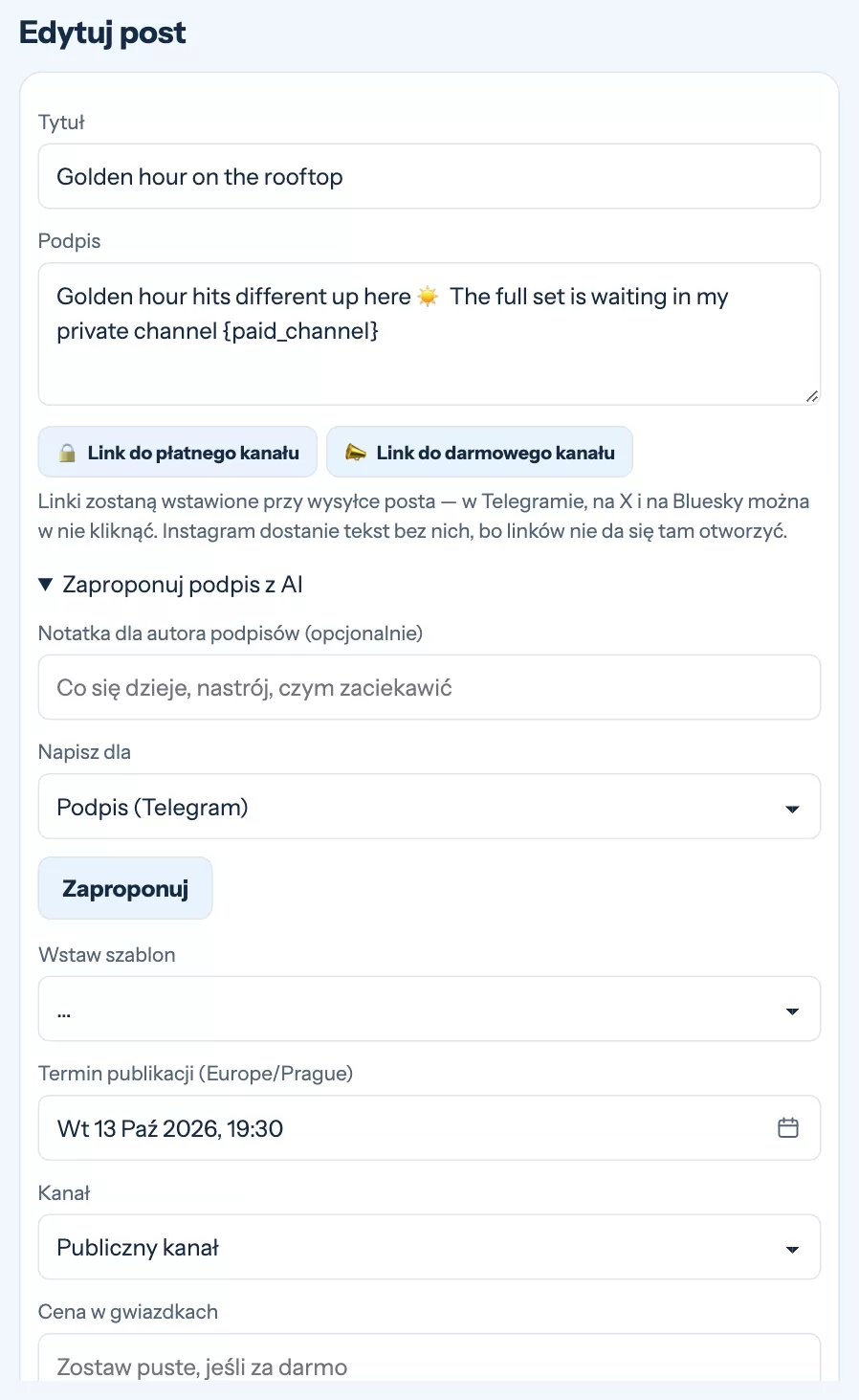 Edytor posta z tytułem, podpisem, propozycjami AI, godziną i kanałem
