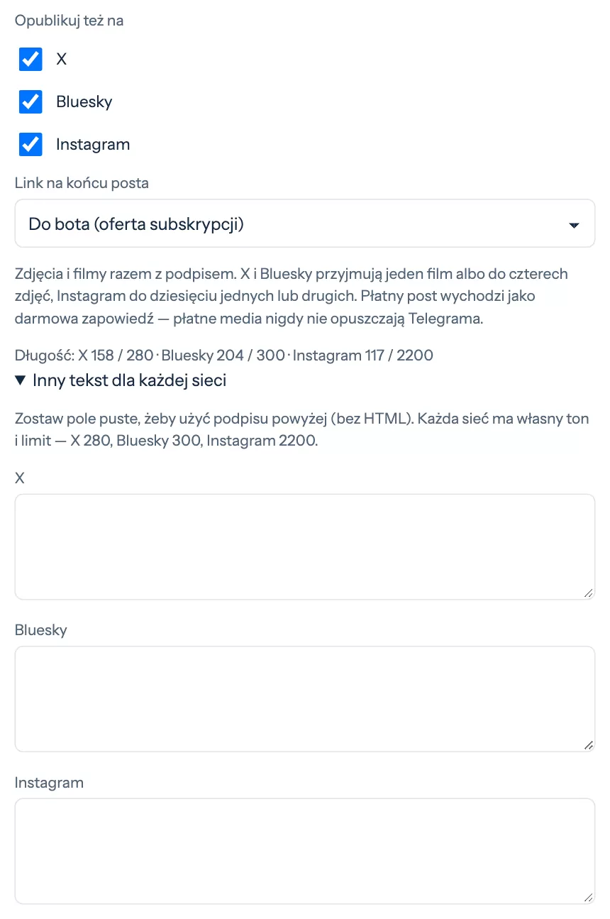 Pola wyboru sieci, wybór linku i licznik długości w edytorze posta