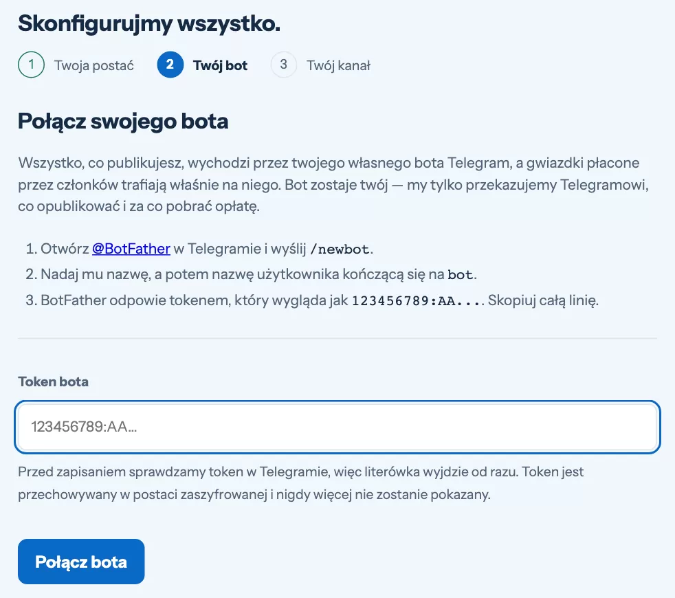 Drugi krok kreatora konfiguracji z polem na token bota