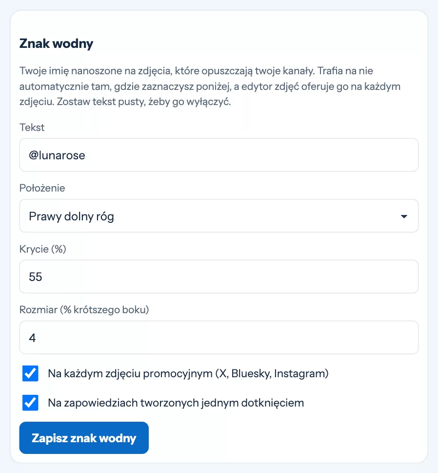 Ustawienia znaku wodnego: tekst, położenie, krycie i rozmiar